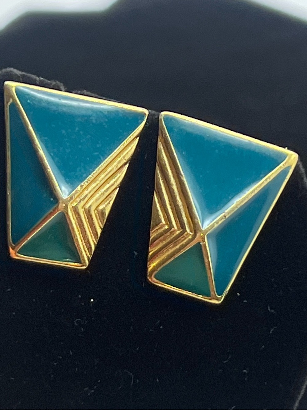 Trifari Gold-Tone Turquoise Enamel Geometric Triangle Stud Earrings